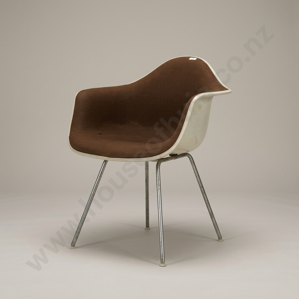 Vintage Eames DAX Armchair for Herman Miller w Brown Upholstered Fibreglass Shell & H Shoed Legs Image 1++