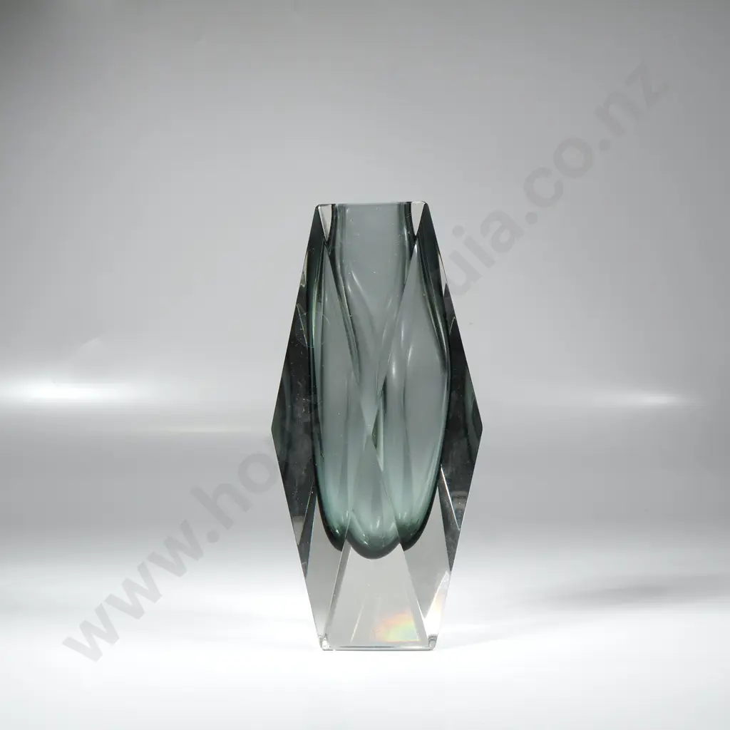 Vintage Italian Murano Glass Vase Designed by Flavio Poli  w Grey Green Interior Encased In  Clear Glass Exterior Image 1++