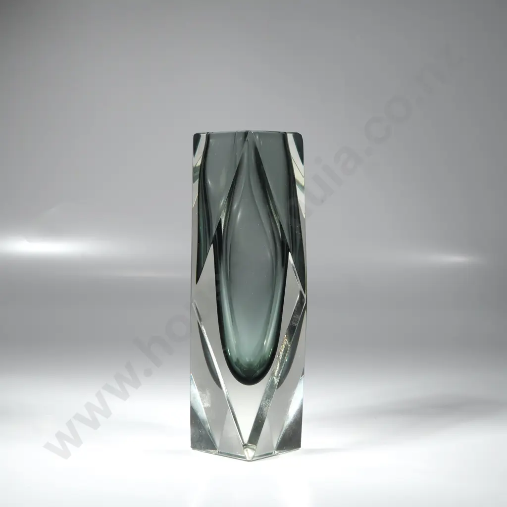 Vintage Italian Murano Glass Vase Designed by Flavio Poli  w Grey Green Interior Encased In  Clear Glass Exterior Image 1++