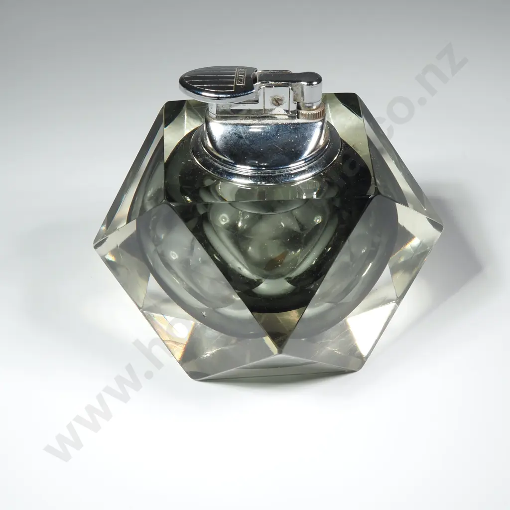 Murano Glass Table Lighter in Sommerso Glass w Grey Interior & in a Faceted  Geometric Shape w Blitz Lighter Image 1++