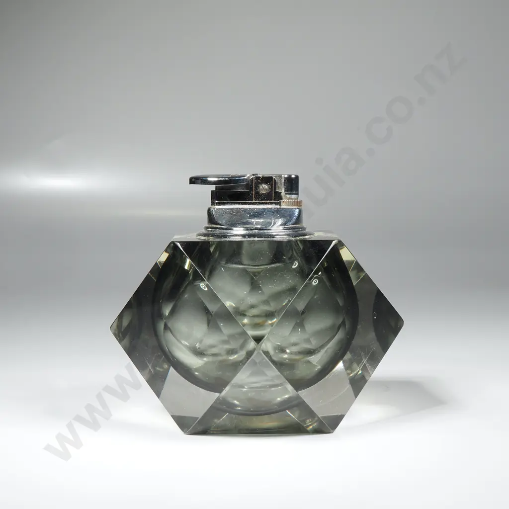 Murano Glass Table Lighter in Sommerso Glass w Grey Interior & in a Faceted  Geometric Shape w Blitz Lighter Image 1++