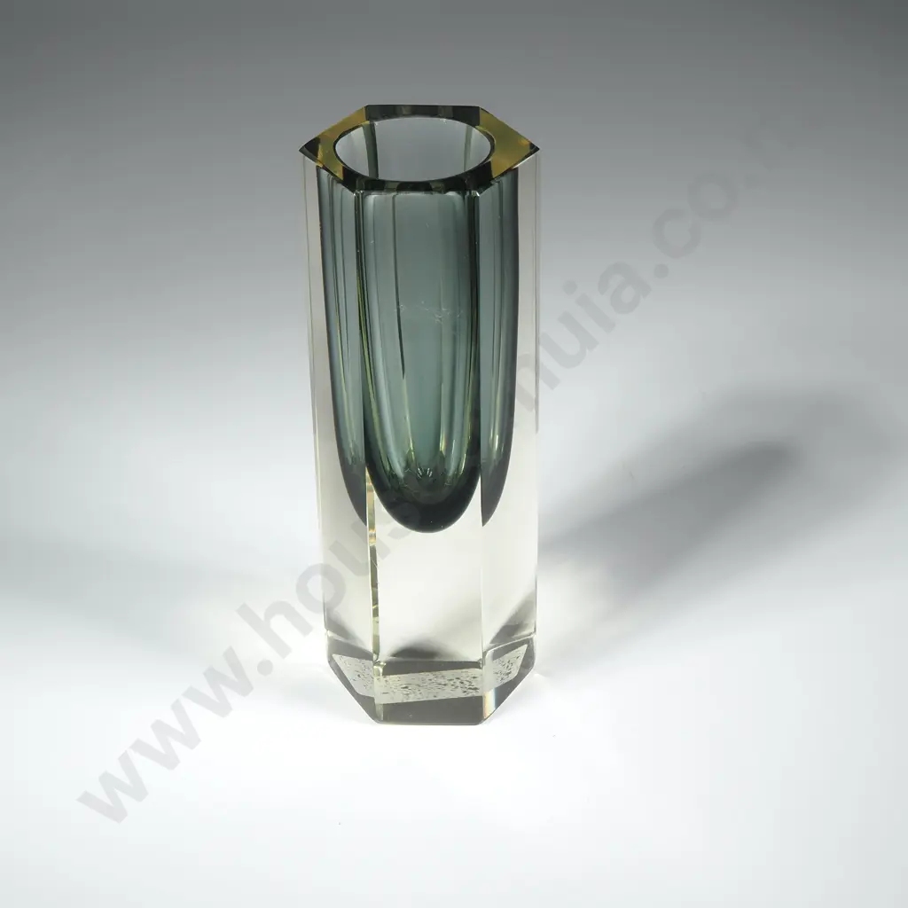 Vintage Italian Murano Glass Vase Designed by Flavio Poli w Grey Green Interior Encased In Clear Glass Exterior Image 1++