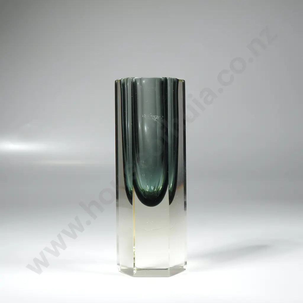 Vintage Italian Murano Glass Vase Designed by Flavio Poli w Grey Green Interior Encased In Clear Glass Exterior Image 1++