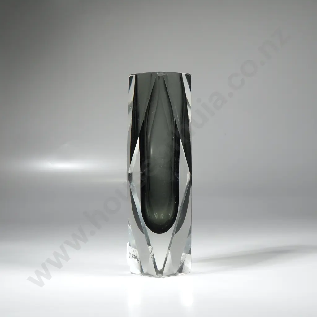 Murano Sommerso Glass Vase w Facetted Geometric Cut, & Grey Interior Encased in Clear Glass Image 1++