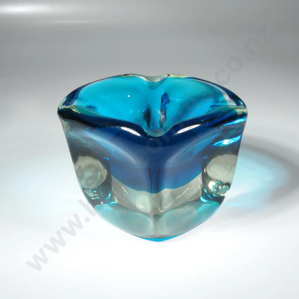 Extremely Heavy Square Sommerso Art Glass Bowl w Geode Blue Interior Cased in Clear Glass Image 1++
