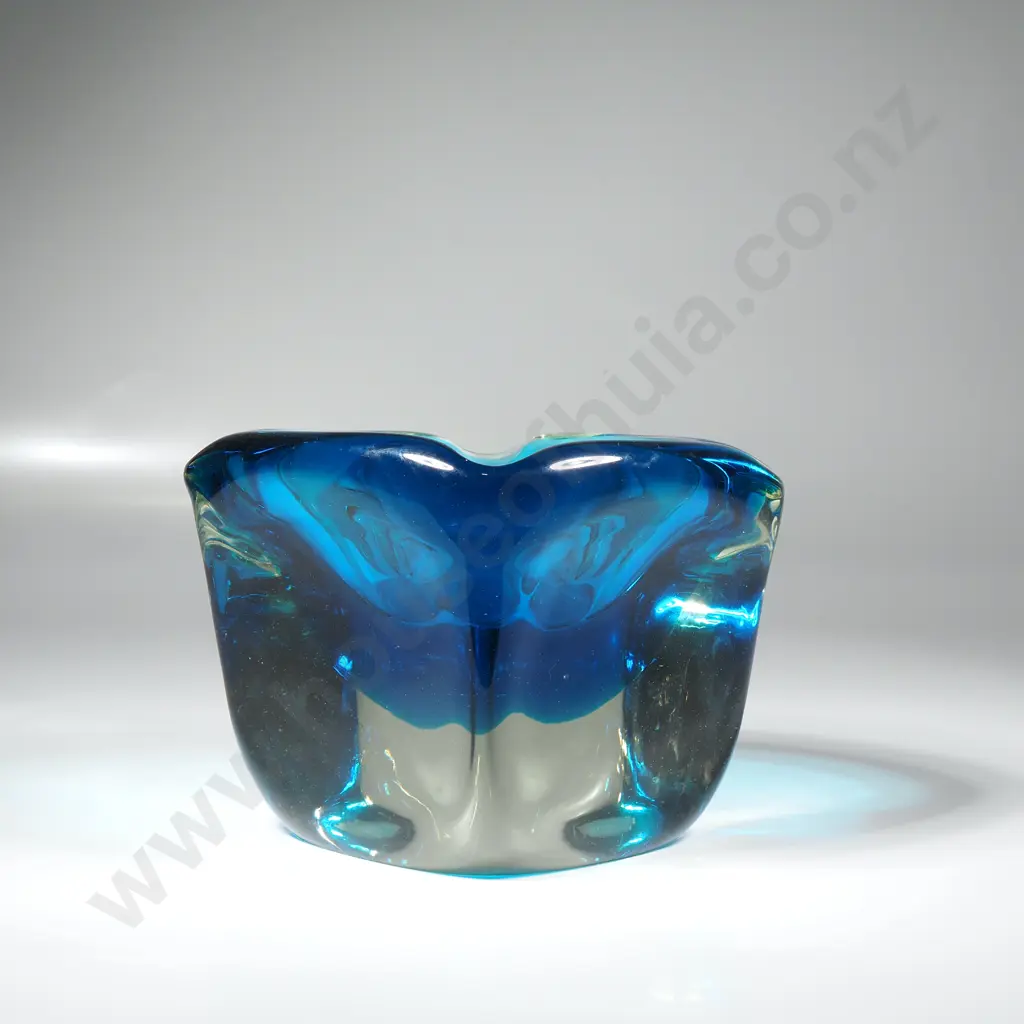 Extremely Heavy Square Sommerso Art Glass Bowl w Geode Blue Interior Cased in Clear Glass Image 1++