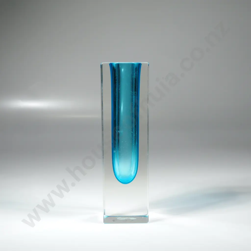 Sommerso Square  Turquoise Murano Glass Vase Encased in Clear Glass &  Designed by Flavio Polio Image 1++