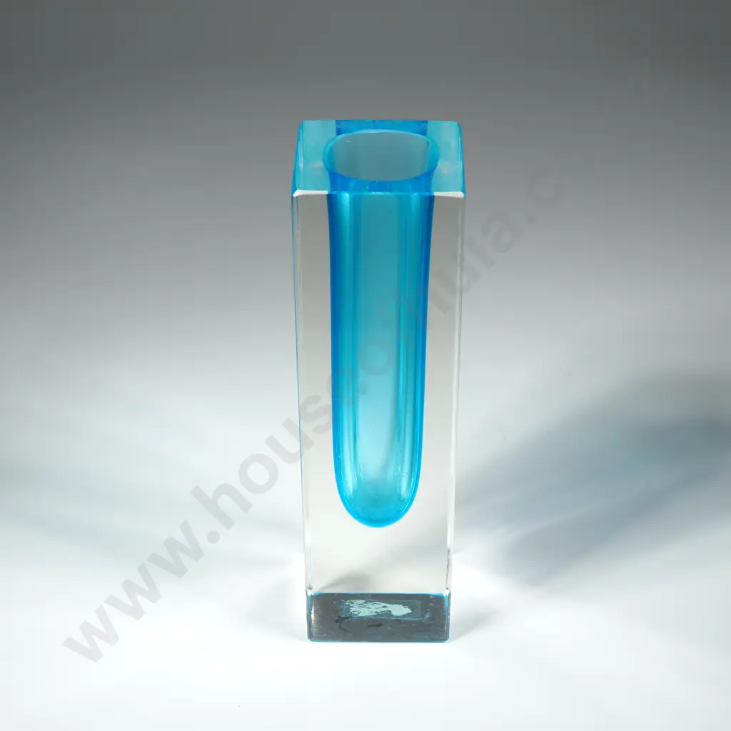 Sommerso Square  Turquoise Murano Glass Vase Encased in Clear Glass &  Designed by Flavio Polio Image 1++