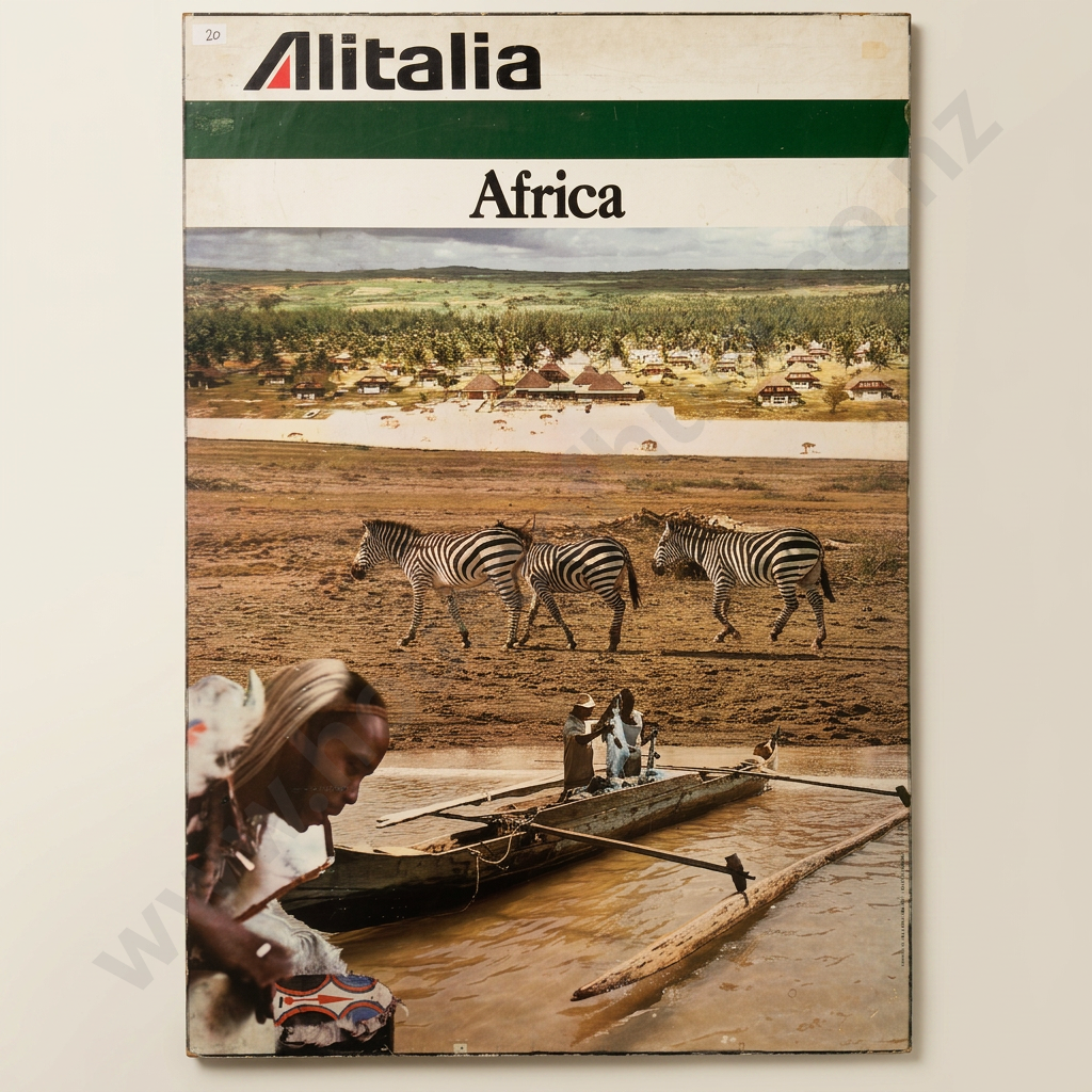 Vintage Alitalia 'Africa' Promotional Poster on Board  Featuring Zebras & a Collage of Iconic African Scenery Image 1++