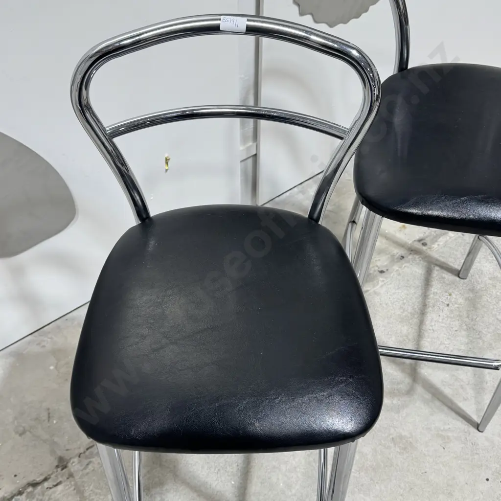 Pair of Mid Century Modern Bar Stools w Polished Chrome Frame & Black Upholstered Seat Image 1++