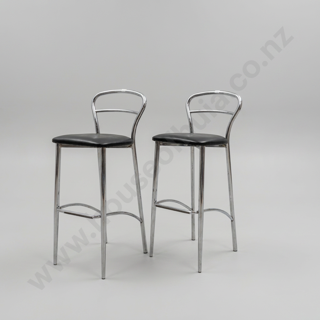 Pair of Mid Century Modern Bar Stools w Polished Chrome Frame & Black Upholstered Seat Image 1++