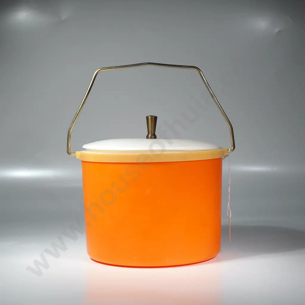 Vintage Orange Plastic Ice Bucket w Metal Handles & Finial Image 1++