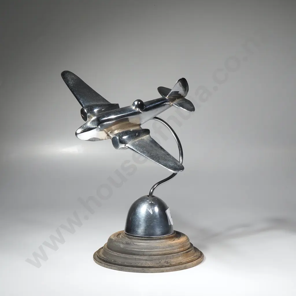 WWII Trench Art Chromed Airplane on Timber Stand Image 1++