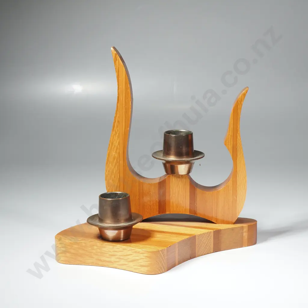 NZ Timber 'Sovereign' Woodworkers Two Branch Candelabra w Metal Sconces, Timbers Listed Underneath on a Sovereign Card Image 1++