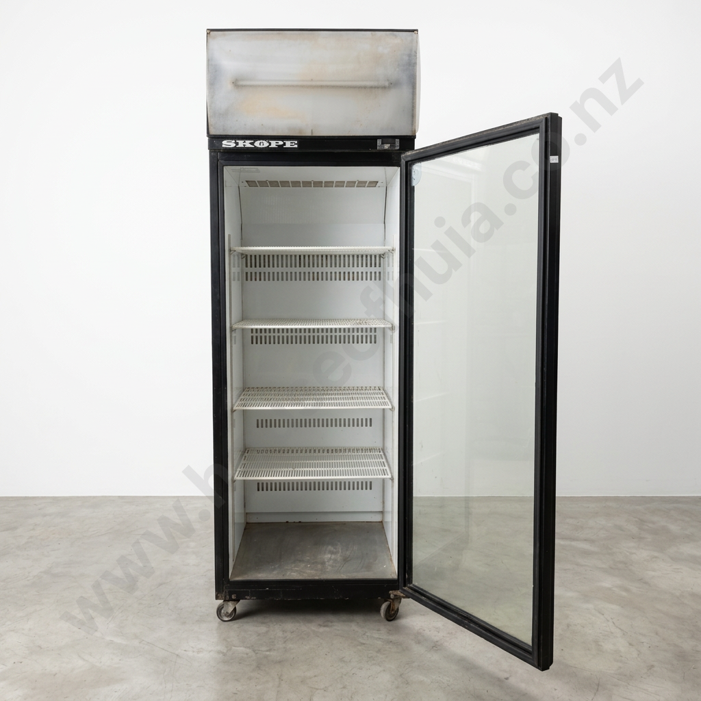 Scope Single Glass Door Commercial Display Refrigerator w Coca Cola Branding Image 1++