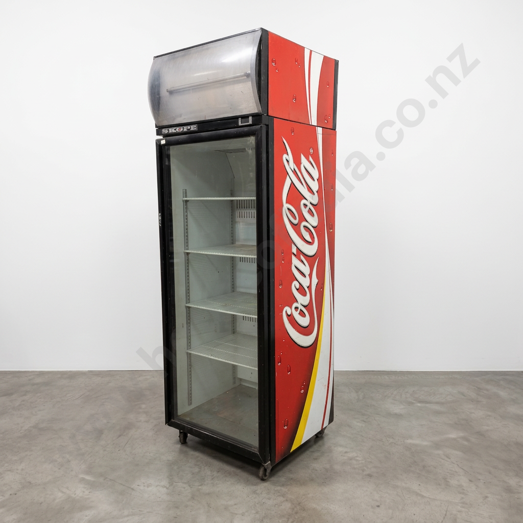 Scope Single Glass Door Commercial Display Refrigerator w Coca Cola Branding Image 1++