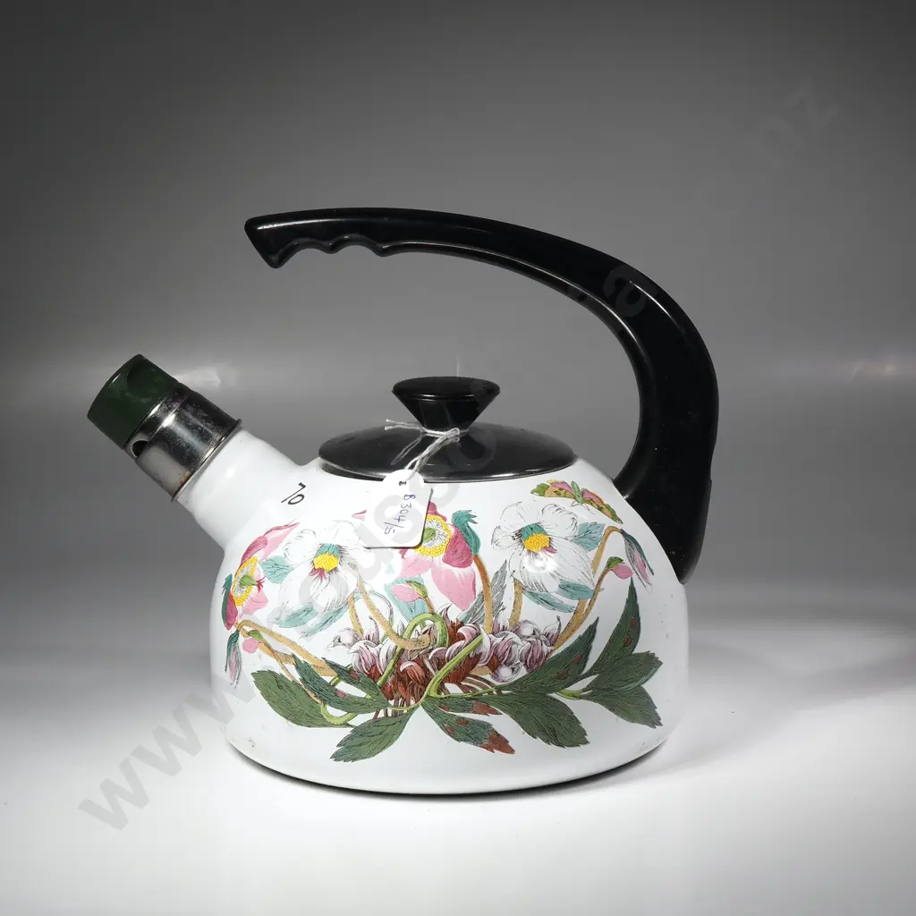 White Portmeirion Botanic Garden Enamel Tea Kettle in the Christmas Rose Pattern Image 1++