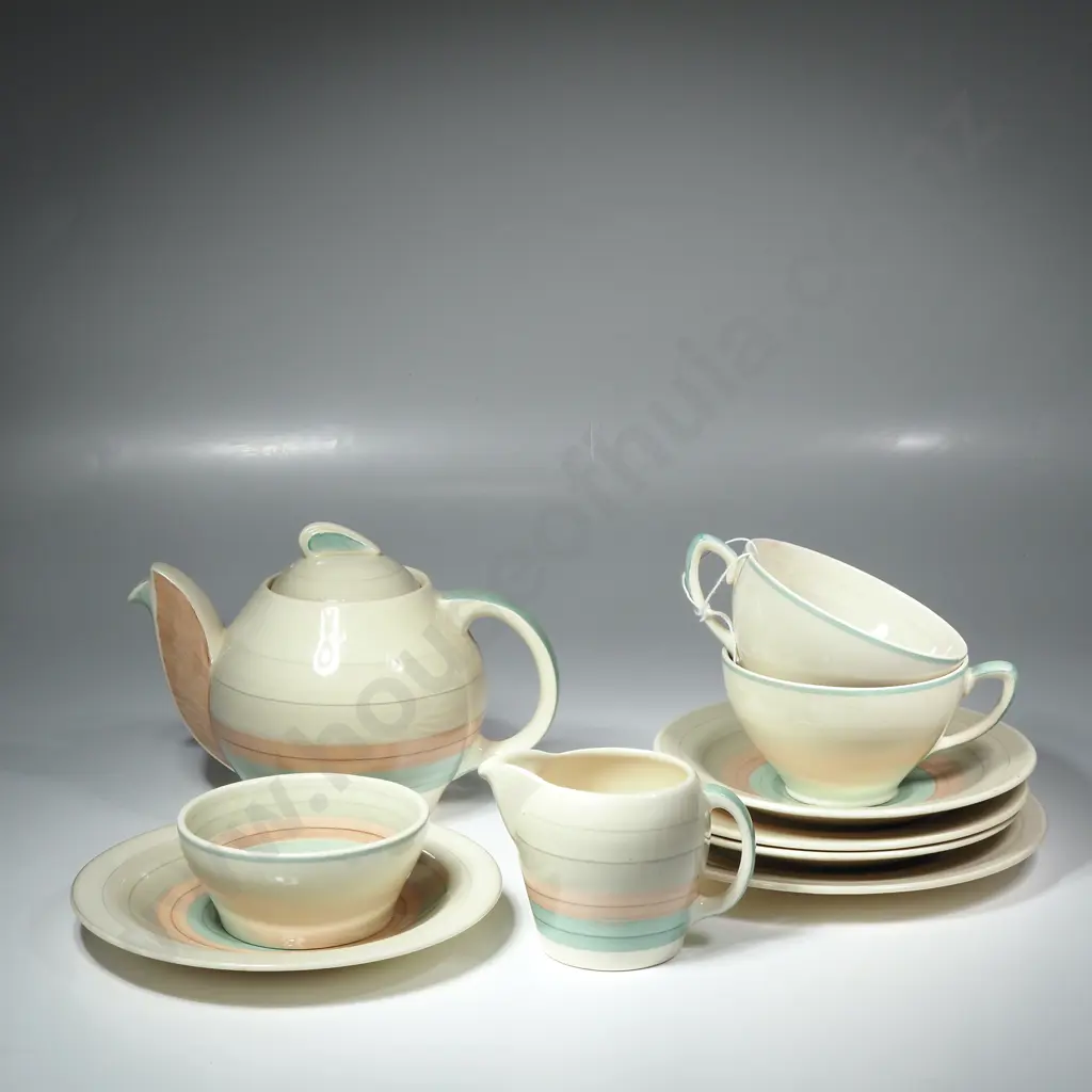 Susie Cooper Kestrel Shape Teapot & Two Tea Cups, Saucers & Plates w Pastel Green  & Pink  Bands on Cream Ground Image 1++