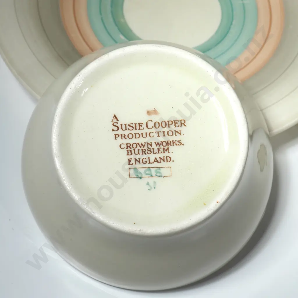 Susie Cooper Kestrel Shape Teapot & Two Tea Cups, Saucers & Plates w Pastel Green  & Pink  Bands on Cream Ground Image 1++