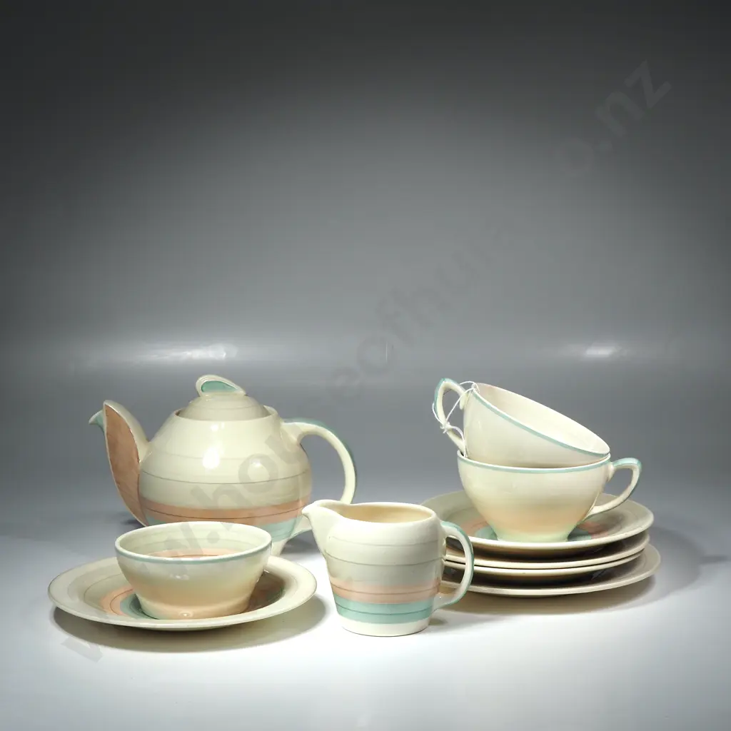 Susie Cooper Kestrel Shape Teapot & Two Tea Cups, Saucers & Plates w Pastel Green  & Pink  Bands on Cream Ground Image 1++