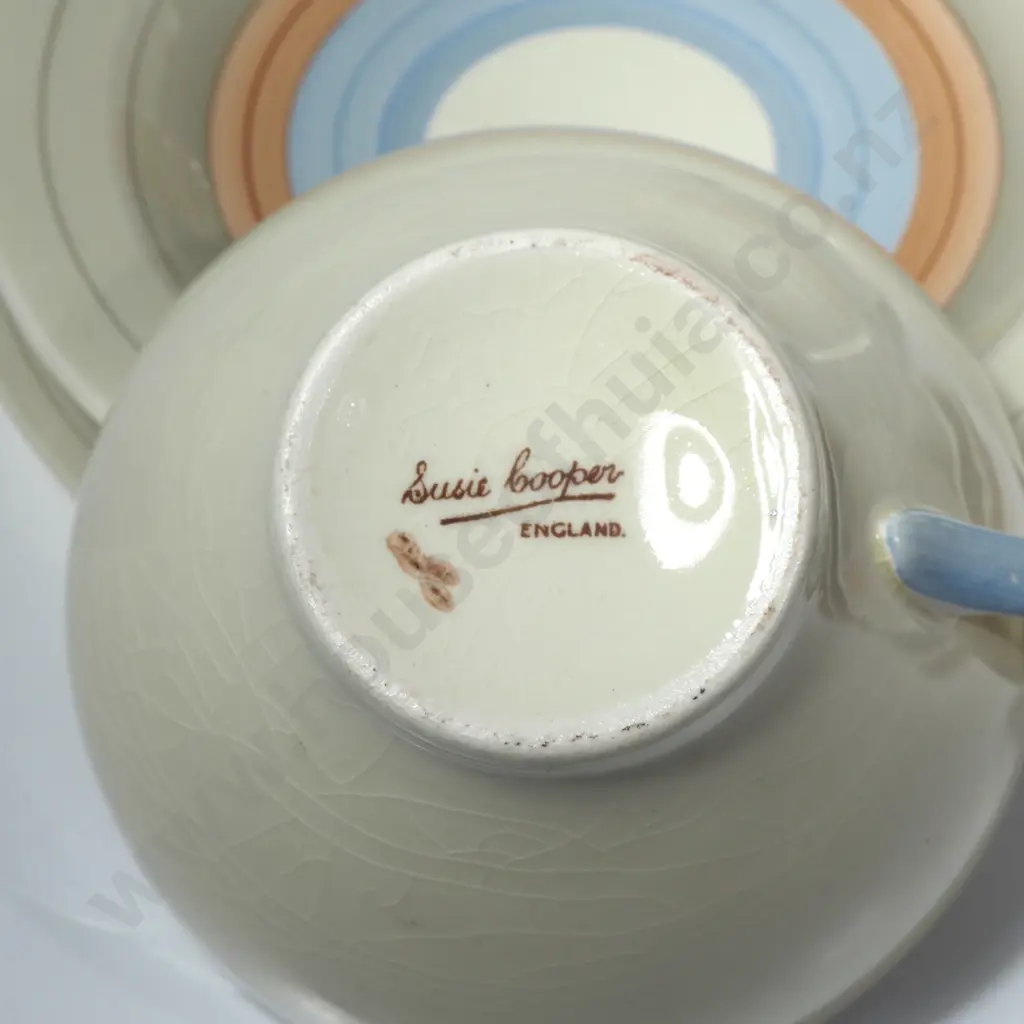 Susie Cooper Kestrel Shape Teapot & Two Tea Cups, Saucers & Plates w Pastel  Blue & Orange Bands on Cream Ground Image 1++