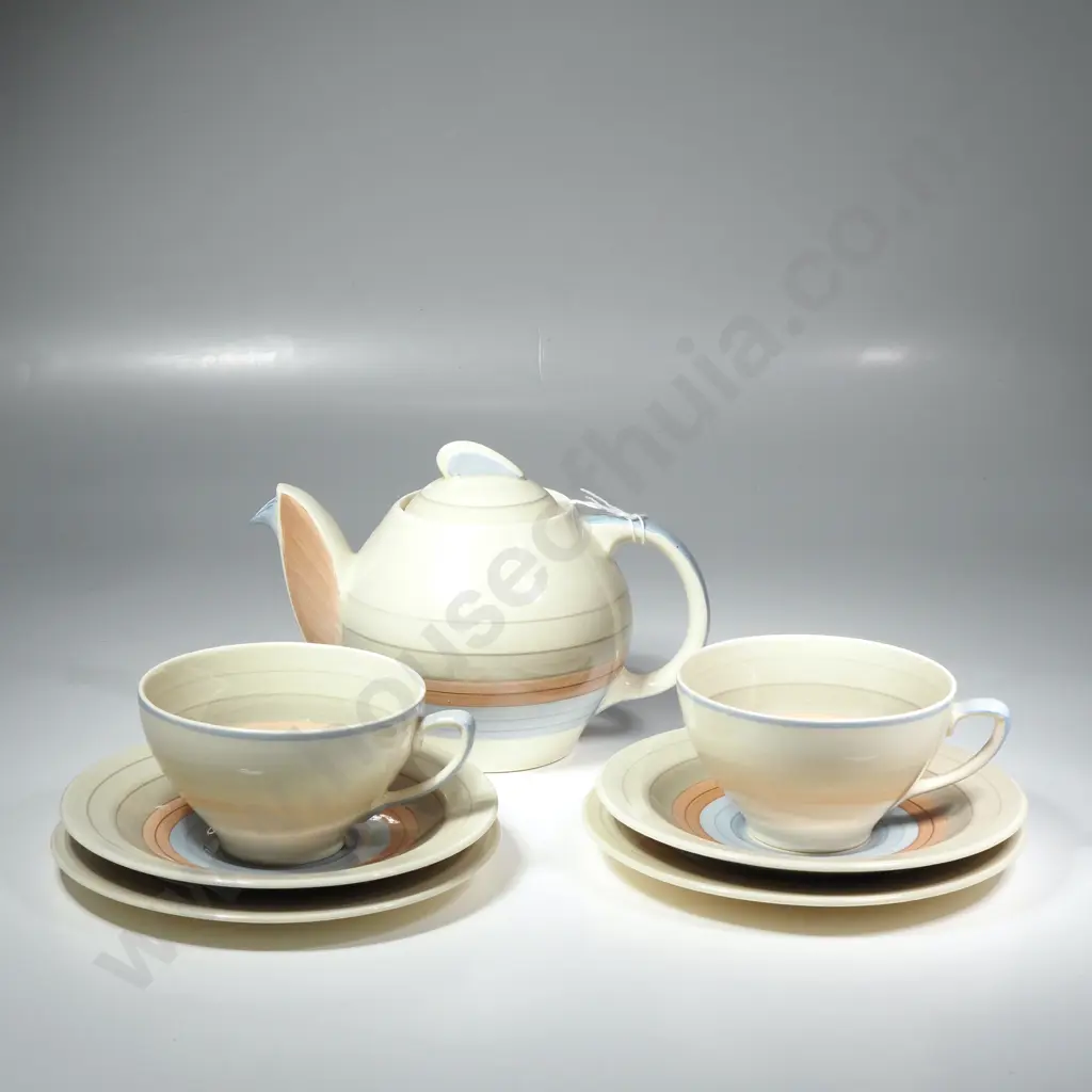 Susie Cooper Kestrel Shape Teapot & Two Tea Cups, Saucers & Plates w Pastel  Blue & Orange Bands on Cream Ground Image 1++