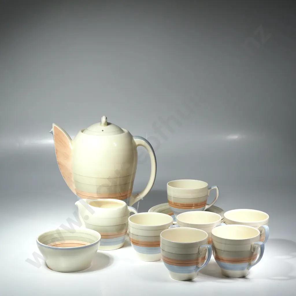Susie Cooper Kestrel Shape Coffee Pot, Milk Jug, Sugar Bowl & Six Demi -Tasse Cups w Blue & Orange Bands on Cream Ground Image 1++