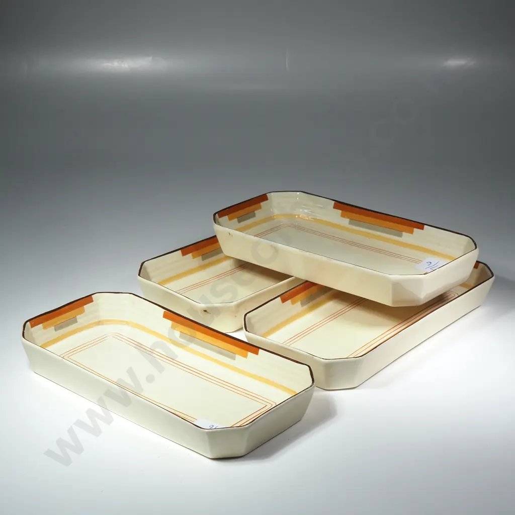 Four Art Deco Booths Silicon China Rectangular Serving Trays w a Geometric Pattern in Brown, Orange & Grey Image 1++