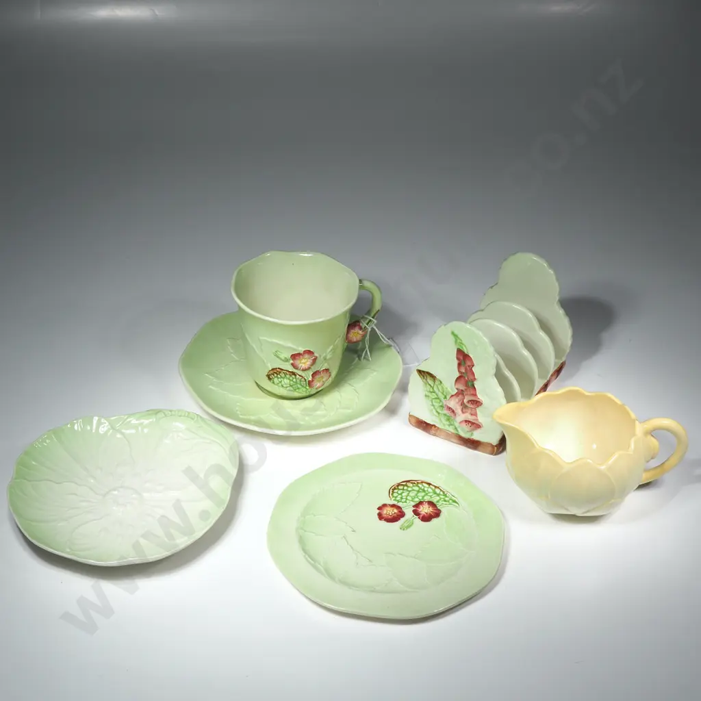 Carlton Ware Green Foxglove Toast Rack, Primula Teacup, Saucer & Plate, Green Buttercup Small Dish & Yellow Lotus Jug Image 1++
