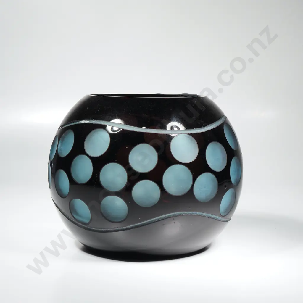 Retro New Wave Black/Deep Purple Hand Blown Rose Bowl or Candle Holder Cut Away to Reveal Coin Dot Pattern Image 1++