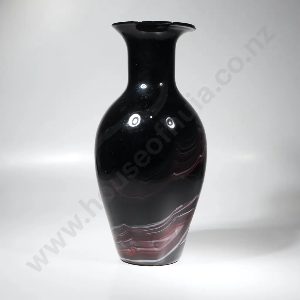 Vintage Black Amethyst Art Glass Vase w White Glass Swirling & Flared Neck & Bulbous Body Image 1++
