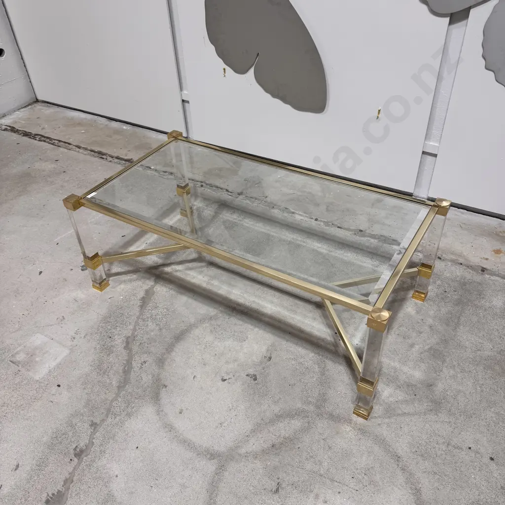 Pierre Vandel Coffee Table w Glass & Lucite Coffee Table w Brass Finish Image 1++