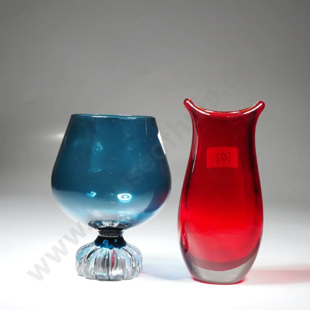 Vintage Ruby Red Glass Vase w a Clear Glass Base & a Vintage Blue Glass Snifter, Possibly Aseda Glasbruk, Sweden Image 1++