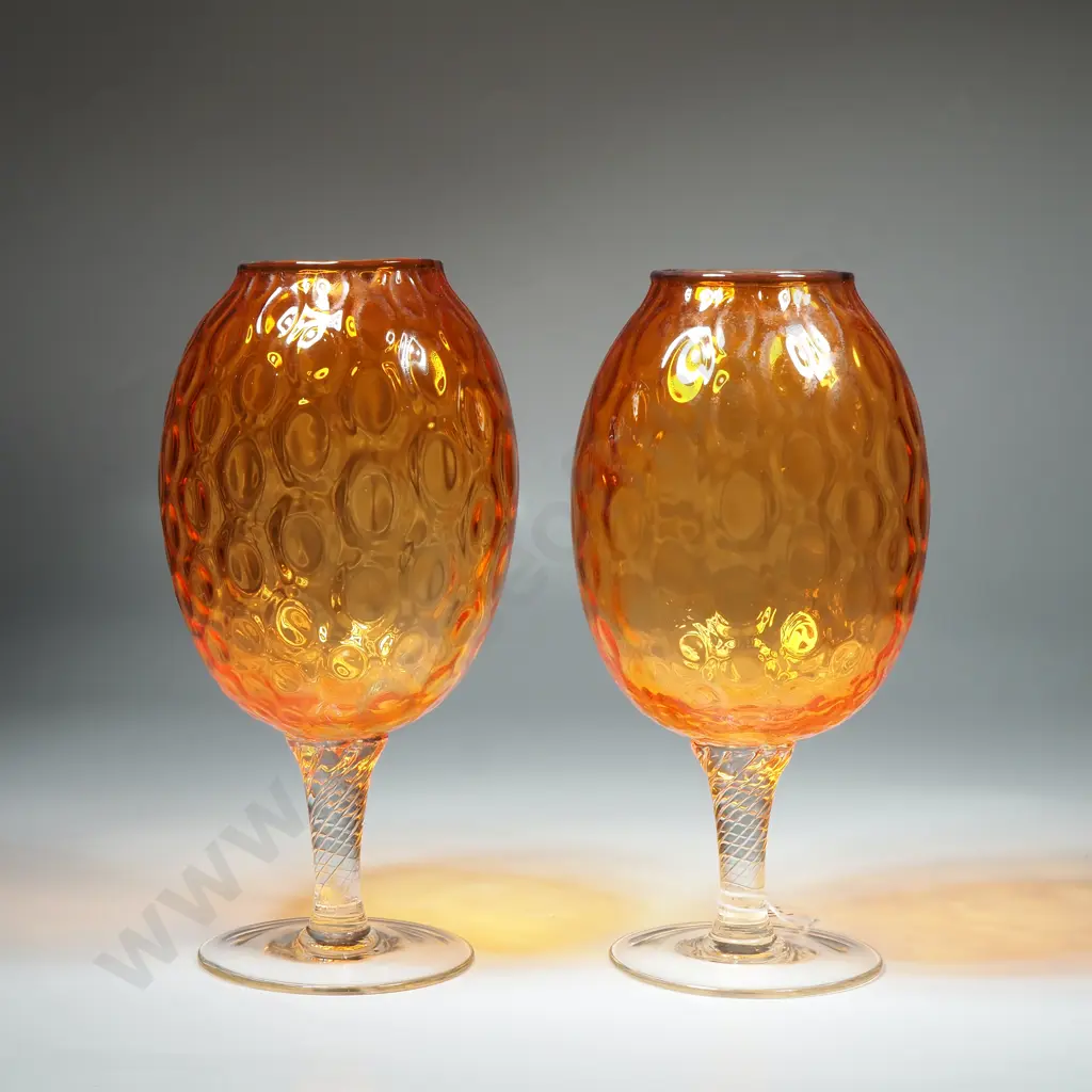 Pair of Orange Glass Empoli Style Brandy Balloon Glasses Image 1++