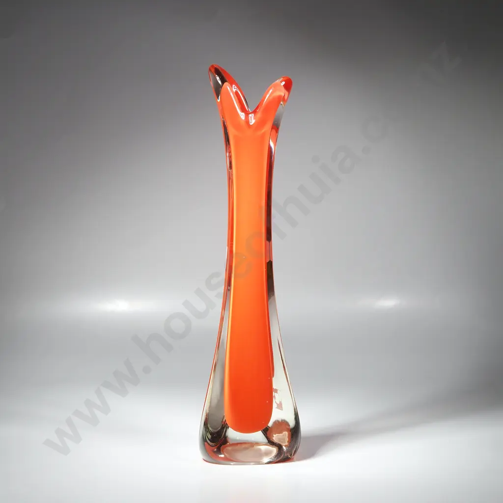 Orange &  Cased Clear  Art Glass Vase of Slender Form Image 1++