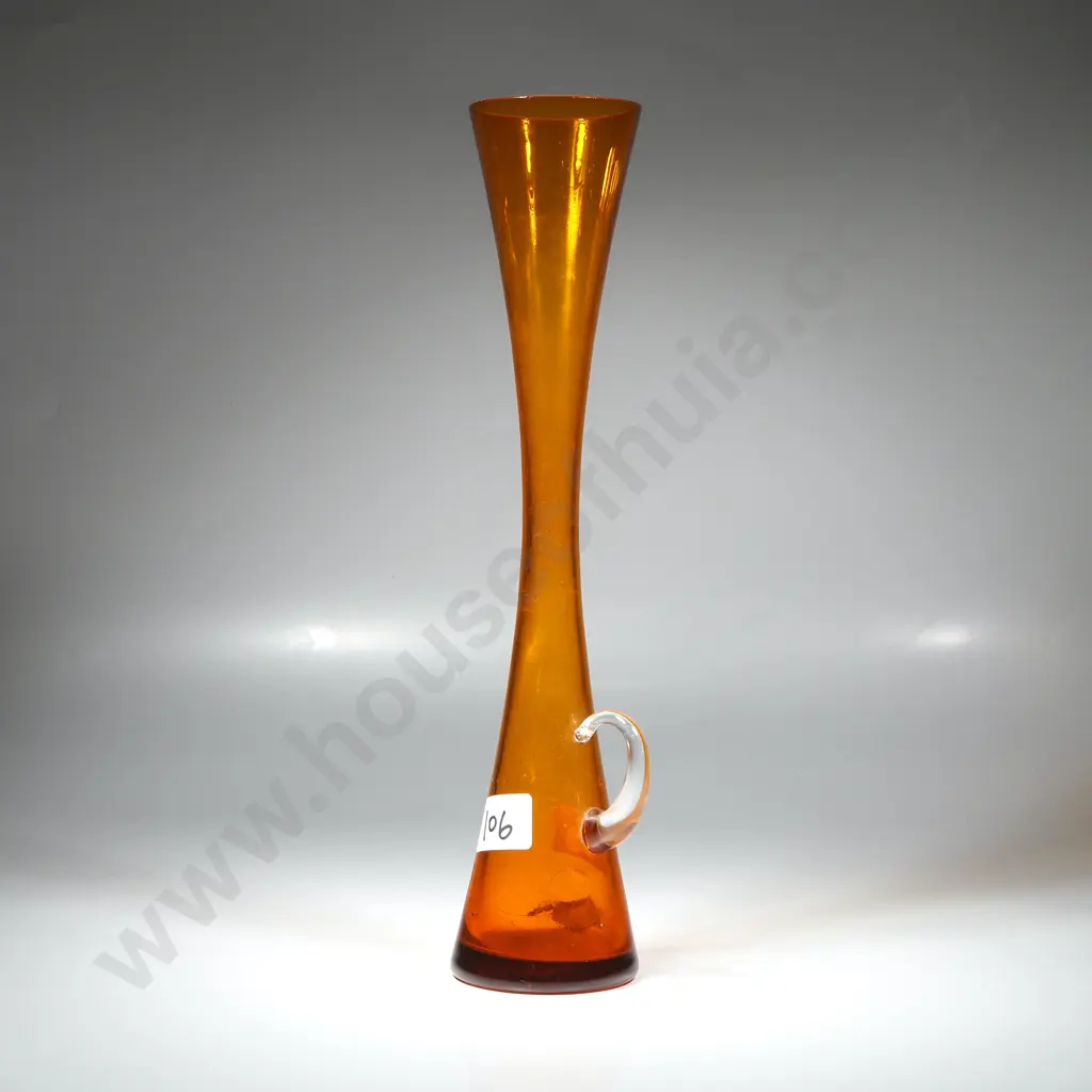 Mid Century  Japanese Glass Vase w Applied Clear Glass Handle Image 1++