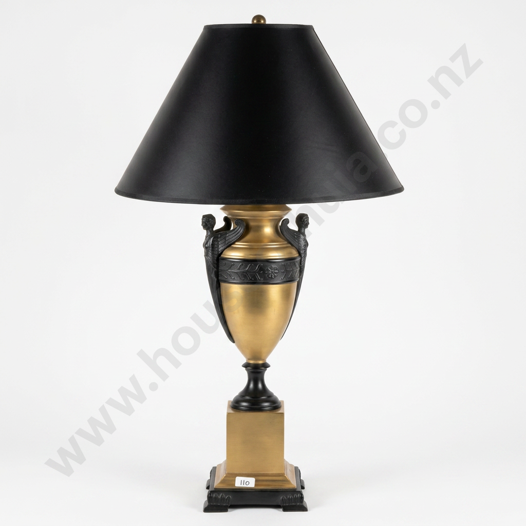 Neoclassical Style Brass Urn Table Lamp w a Black Shade w Black Patinated Winged Figure Accents Image 1++