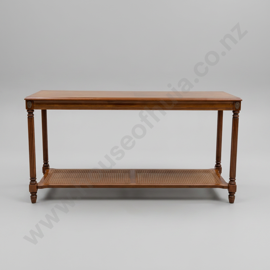 Quality Mahogany Neoclassical Style Hall/Side Table w  Cross Banded Top, Fluted Legs, The Shelf Below w Rattan Inset Image 1++