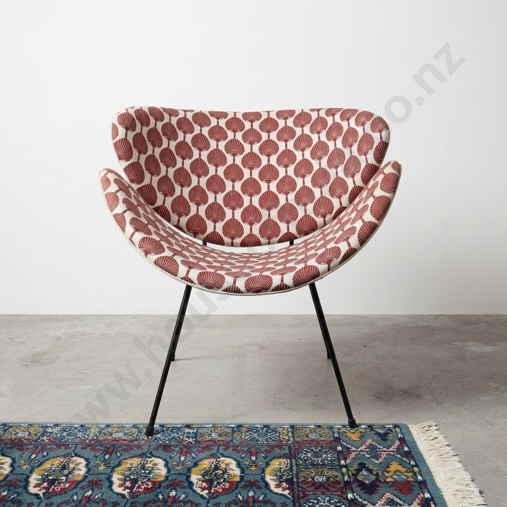 Mid-century Modern Lip Chair w Stylised Red Fan Pattern on Black Metal Hairpin Legs - Florence Broadhurst Pattern Image 1++