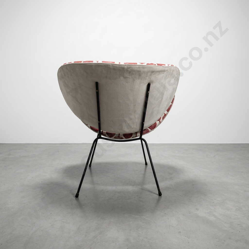 Mid-century Modern Lip Chair w Stylised Red Fan Pattern on Black Metal Hairpin Legs - Florence Broadhurst Pattern Image 1++