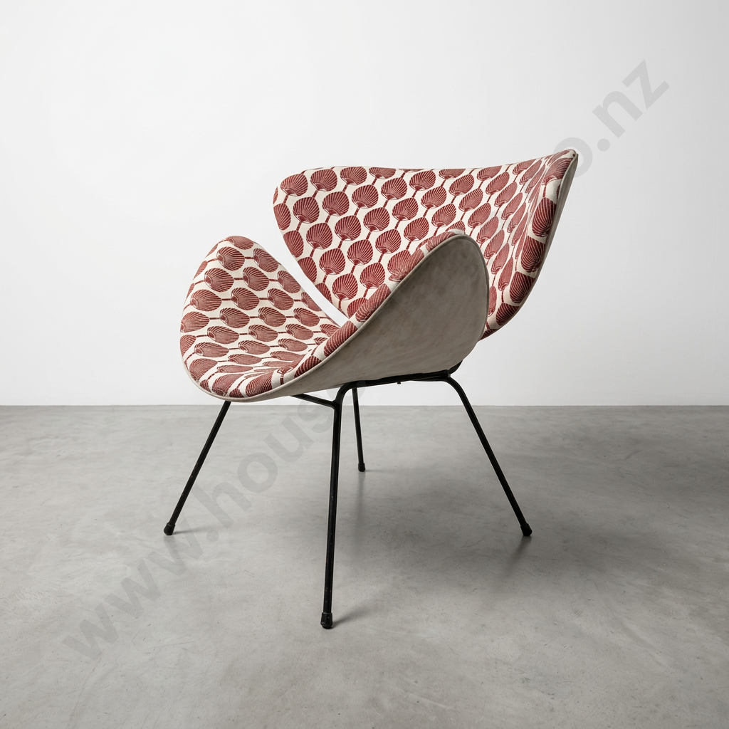 Mid-century Modern Lip Chair w Stylised Red Fan Pattern on Black Metal Hairpin Legs - Florence Broadhurst Pattern Image 1++