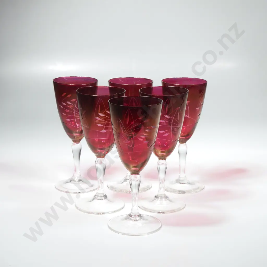 Set of Six Vintage Small Stemmed Glasses w a Cranberry Flash Finish & Floral Etching & Clear Stem Image 1++
