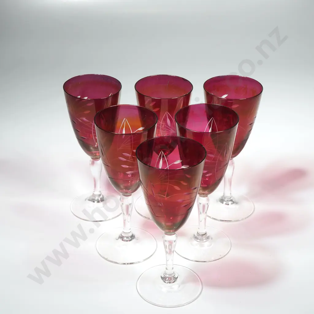 Set of Six Vintage Small Stemmed Glasses w a Cranberry Flash Finish & Floral Etching & Clear Stem Image 1++