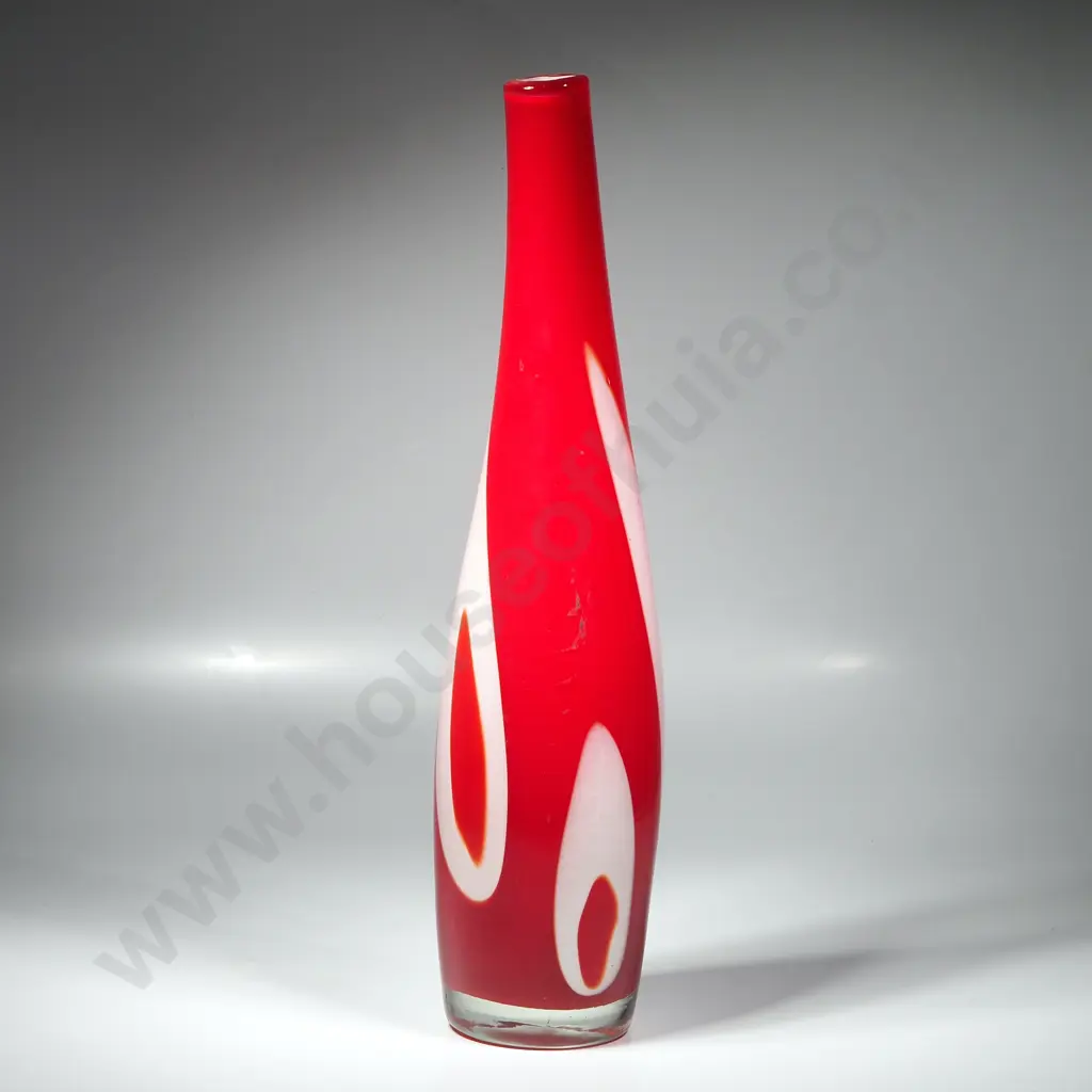 Mid Century Modern  Slender, Tall Italian Glass Vase in a  Red w White Swirl Design, Possibly Murano Image 1++