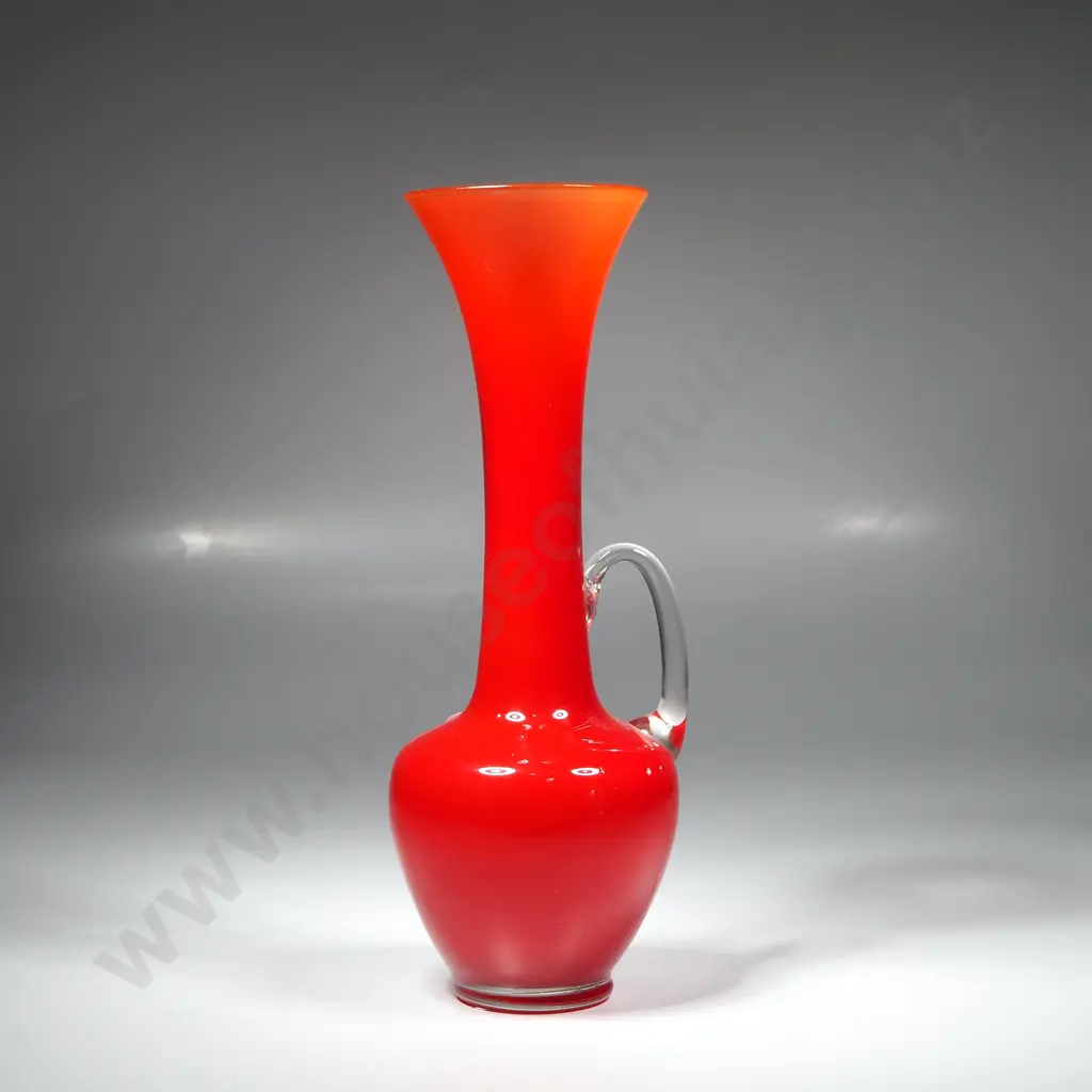 Vintage Italian Art Glass Orange/Red Vase w  Clear Glass Handle, Circa 1960 AF Image 1++