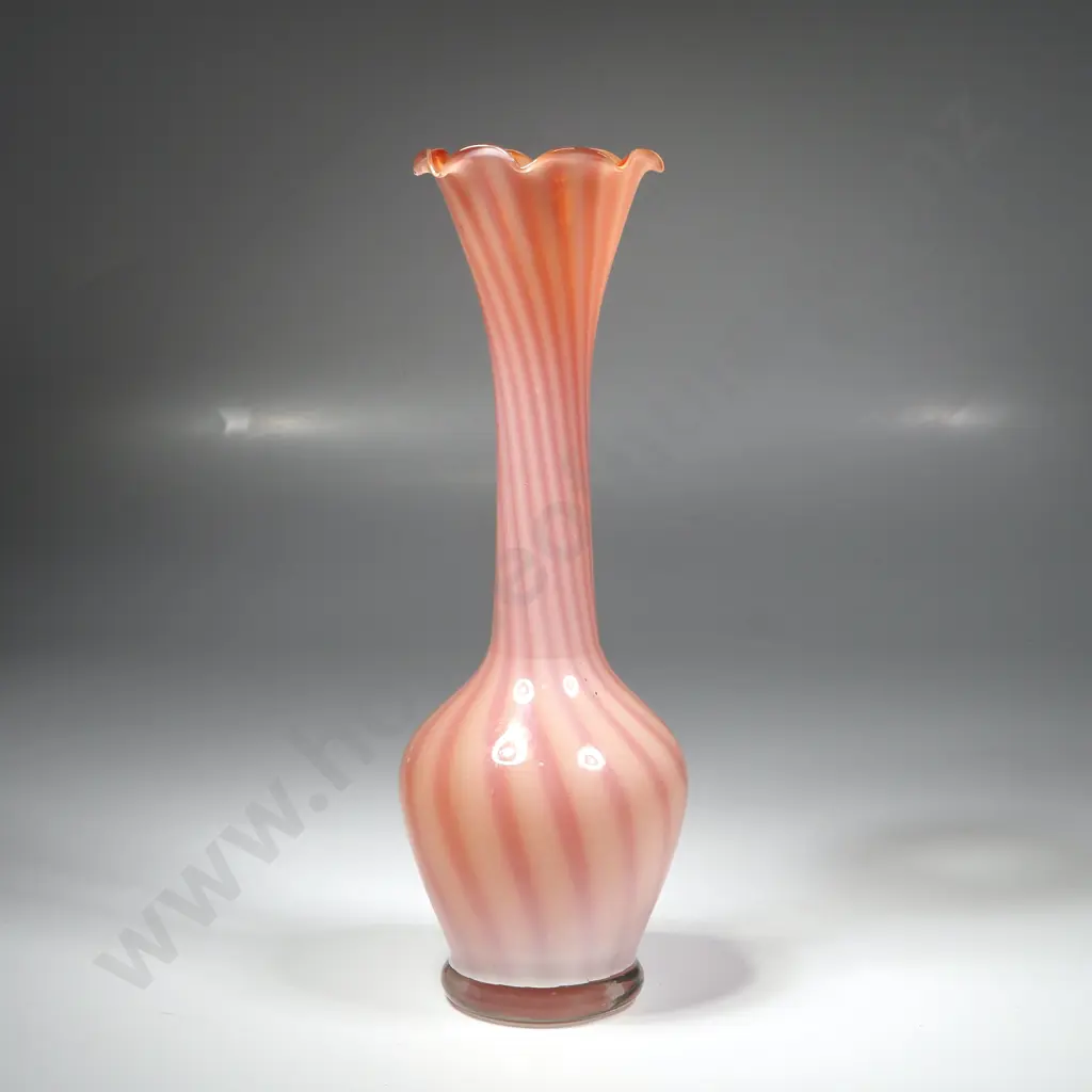Pink & White Hand Blown Glass Vase w Ruffled Edge Image 1++
