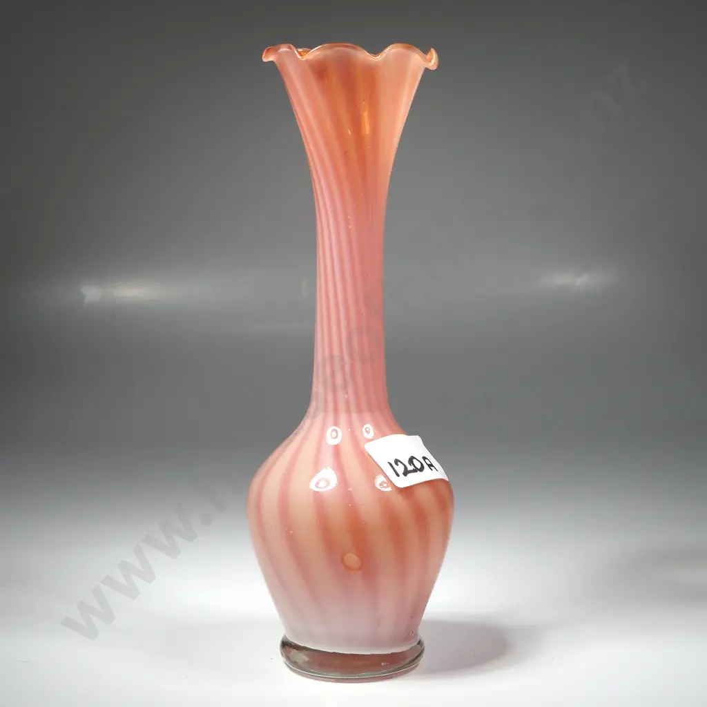Pink & White Hand Blown Glass Vase w Ruffled Edge Image 1++