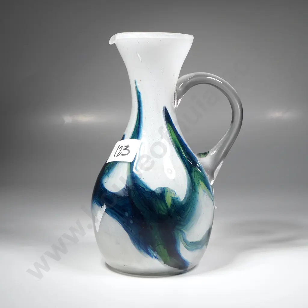 Hokitika Glass Pitcher w White Pitcher w White Base w Green & Blue Accents Image 1++