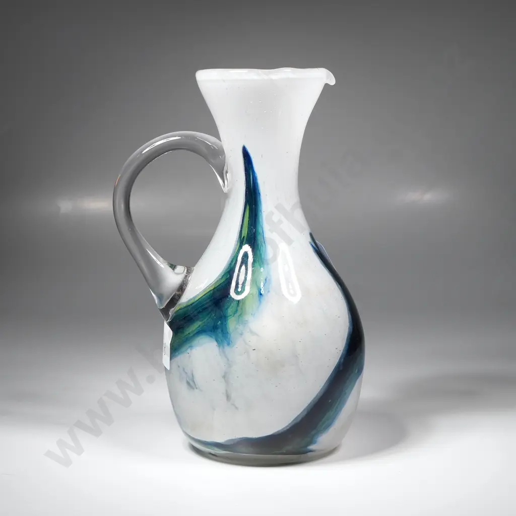 Hokitika Glass Pitcher w White Pitcher w White Base w Green & Blue Accents Image 1++