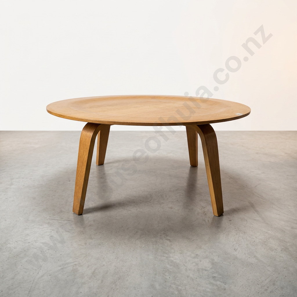 Eames Style Round Molded Plywood Coffee Table, Oak Veneer, Bentwood Legs Image 1++